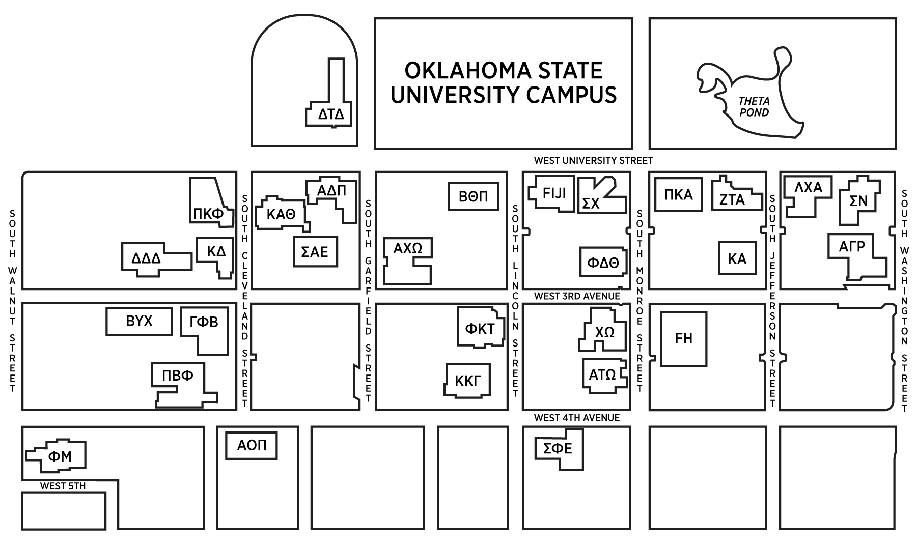 Map highlighting most of the houses of fraternities and sororities within the Interfraternity Council and Panhellenic Council located South of Oklahoma State University's main campus